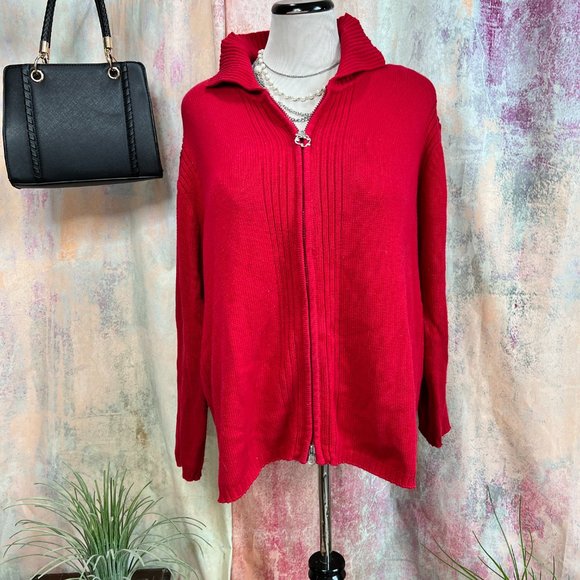 VTG📌Casual W.E.A.R Cotton Blend 2-Way Zipper Fire Red Cardigan with Collar - Picture 3 of 16